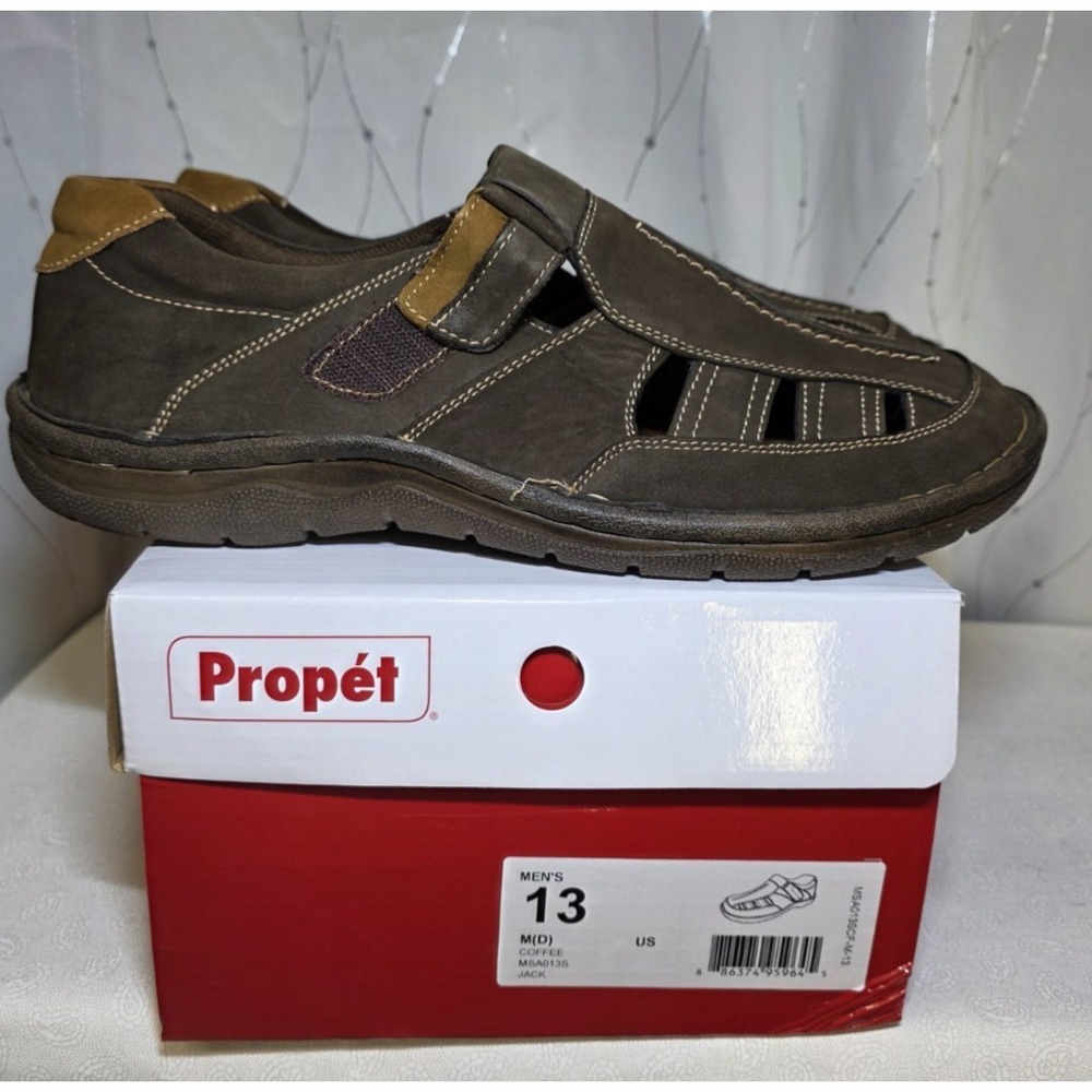 Propet Men's Jack Sandals 13 Brown Leather Orthopedic Fisherman‎ Comfort Walking